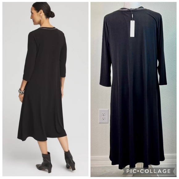 NWT Chico's Black Long Sleeve V-Neck with detail, A-Line midi Dress size 2/Large - Picture 2 of 13